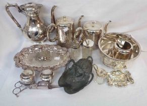 A box containing a quantity of silver plated items including teaware, cruets, cutlery etc.