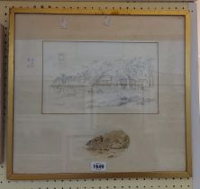 W.K. 'Bill' Waugh: a gilt framed pencil drawing, depicting seaside cottages, with watercolour