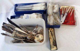 A box containing a quantity of silver plated and other cutlery, also one silver teaspoon