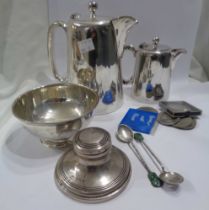 A small silver capstan inkwell and a silver sugar bowl - sold with two jadeite topped coffee spoons,