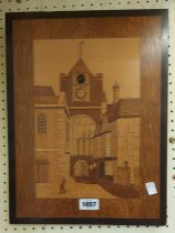 A vintage framed marquetry panel depicting a view of 'Mary's Church, Rye'