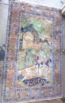 A Middle Eastern handmade sanforized wool rug with polychrome Persian figural scene decoration