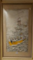 A.J. Saggs: a framed vintage acrylic painting, depicting the vessel 'Wimpey Sealab' and helicopter -