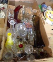 A box containing a quantity of assorted glassware including decanters, vases, etc.