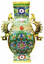 A large Chinese cloisonne and brass vase with applied cabochons and molded seal mark to base