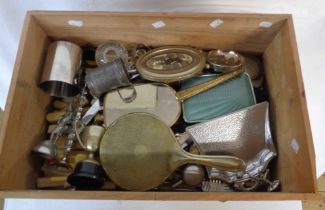 A crate containing a quantity of silver plated and other items including green enamelled hand