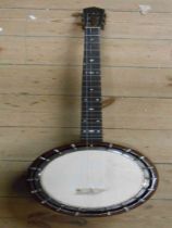 A Dulcet five string banjo with mother-of-pearl fret markers within hard carry case - for