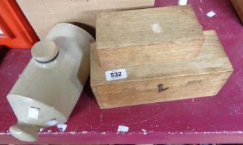 Two old wooden lift-top boxes - sold with a stoneware hot water bottle