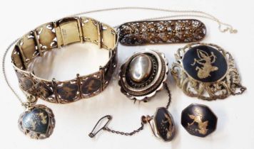 A Siam 'silver' suite of jewellery comprising panel-link bracelet, brooch, pendant on chain and pair