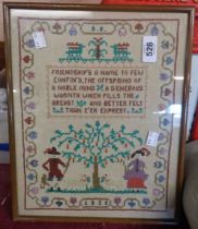 A 1930's sampler of a friendship poem and a depiction of a tree with both shepherd and shepherdess