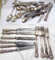 Four silver Kings pattern dessert forks, six silver handled dessert knives and a quantity of