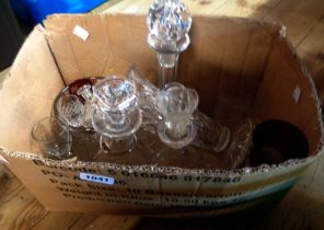 A box containing a quantity of assorted glassware including decanters, vases, etc.