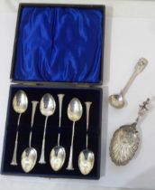 A cased set of six silver coffee bean spoons with twist stems - sold with a Dutch ornate spoon and a