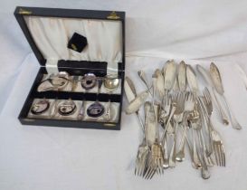 A box containing a quantity of silver plated fish knives and forks - sold with a cased dessert set