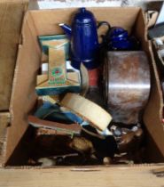 A quantity of assorted collectable items including Swiss musical box, enamel coffee pot, etc.