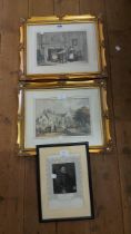 A pair of gilt framed coloured prints, depicting figures in an interior and building facade - sold