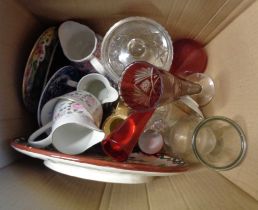 A box containing a quantity of assorted ceramics and glassware including flash cut vase, etc.