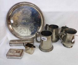 A silver plated circular footed tray - sold with four pewter tankards, two dressing table jars and a