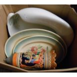 A box containing a small quantity of ceramic items including a German stein with Thorens musical