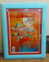 A turquoise 'shabby chic' painted framed coloured print with stylised image for 'The Face'
