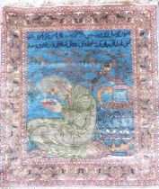 A Middle Eastern handmade sanforized wool mat with polychrome seated figure, bird and tree