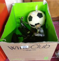 A box containing a vintage football ice bucket and a quantity of sports related figures