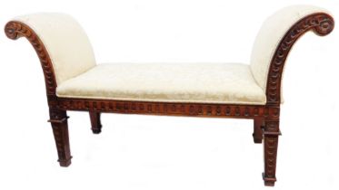 A 1.46m Victorian style carved hardwood part show frame window seat with flanking scroll ends, set