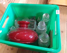 A crate containing a quantity of assorted glassware including decanters, lamp shade, etc.