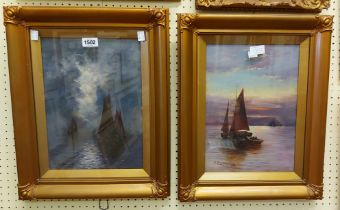 S. Cowgill: a pair of gilt framed and slipped oils on canvas, one depicting sailing fishing