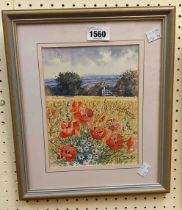 Andrew Miller: a framed watercolour, depicting poppies in a field - signed with initials