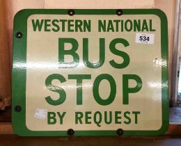 An original Western National enamel Bus Stop by Request double sided sign with green lettering on