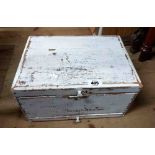 An old painted wood lift-top sugar box with integral sugar cutter and perforated base with shallow