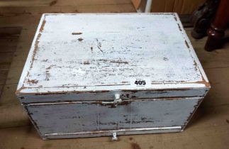 An old painted wood lift-top sugar box with integral sugar cutter and perforated base with shallow