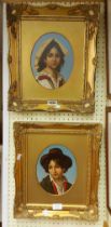 A pair of gilt framed and oval slipped continental oils on board, one a portrait of a young man