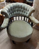 A late Victorian ebonised part show frame tub elbow chair with button back green velour