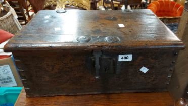 A 47cm 18th Century mahogany and iron studded lift-top bible box with one of two side handles and