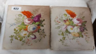 Two old ceramic tile panels with hand painted floral decoration - stained