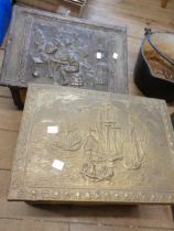 A brass clad wooden coal box with embossed scenes of merriment - sold with a similar with galleon