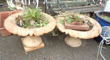 A pair of 68cm diameter low pedestal planters of lobed form