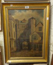 A gilt framed early 20th Century oil on canvas, depicting a view of Broadgate in Exeter and a