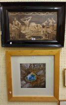 A framed coloured abstract print - sold with a classical sepia print and a framed 1900 newspaper