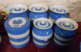 Six T.G. Green Cornish Ware storage jars including rice, raisins, sultanas, etc.