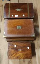 An old brass bound mahogany writing slope - sold with three wooden boxes - for restoration