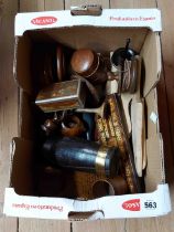 A box containing a quantity of treen and other wooden items including antique hatter's stamp, boxes,