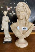 A resin bust of a lady - sold with a similar figurine of a classical lady set on marble base