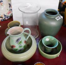 A quantity of assorted ceramics including Devonmoor pottery green glazed vases, E. Radford jug,