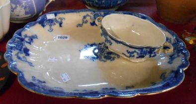 A blue and white transfer printed meat plate - sold with a similar tureen (no lid)