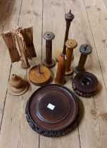 A box containing a quantity of treen and other wooden items including two Chinese hardwood stands