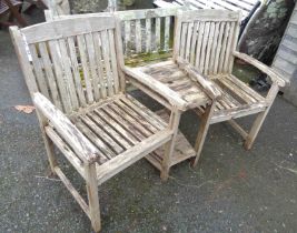 A 1.4m slatted teak two seater garden couples bench - a/f