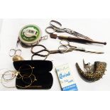 A bag containing a quantity of collectable items including spectacles, tape measure, scissors, etc.